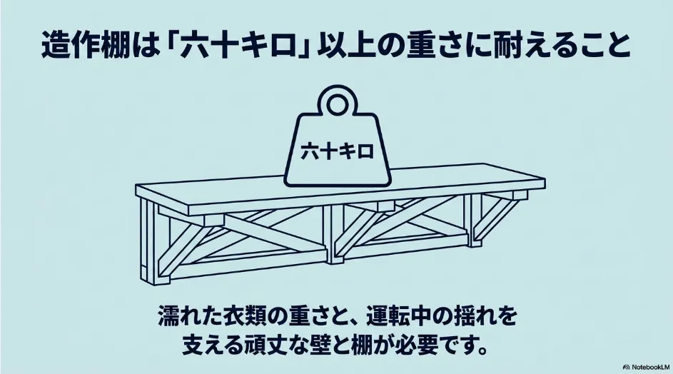 乾太くんを載せる造作棚に60kg以上の耐荷重が必要であることを示す図