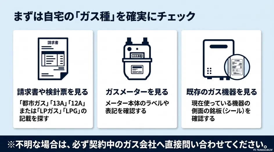 自宅のガス種を請求書、ガスメーター、既存ガス機器の銘板から確認する方法