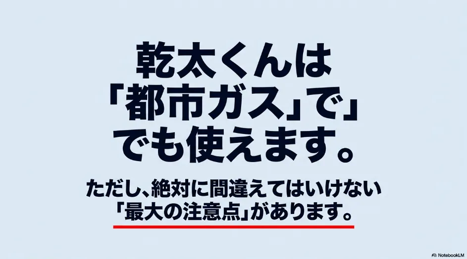 乾太くんは都市ガスでも使用できるが、購入時のガス種確認が重要であることを示すスライド