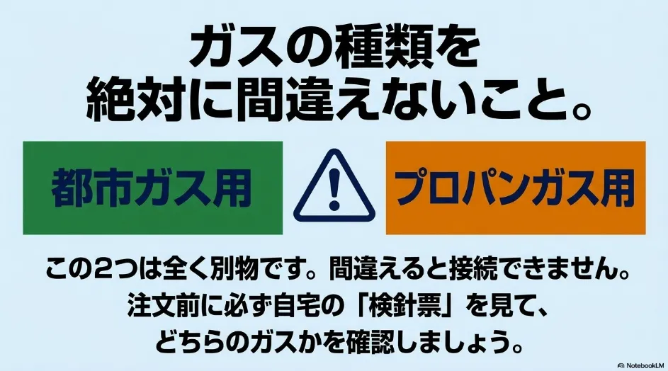乾太くんには都市ガス用とプロパンガス用があり、自宅のガス種に合う本体を選ぶ必要があることを示した図