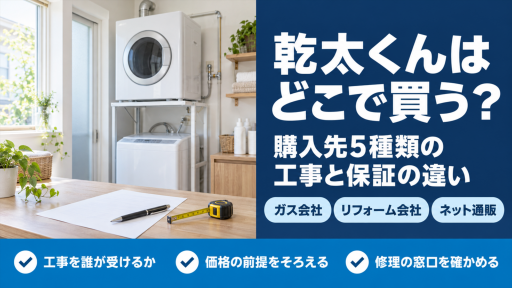 洗面所のガス衣類乾燥機と購入先選びの要点を重ねたバナー