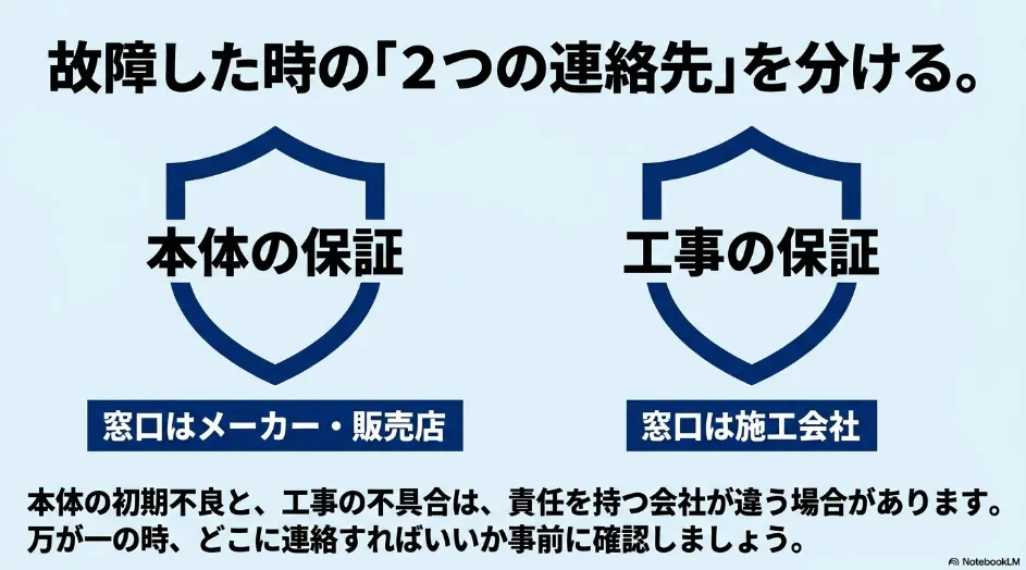 乾太くん本体の保証はメーカーや販売店、設置工事の保証は施工会社が窓口になることを示した図