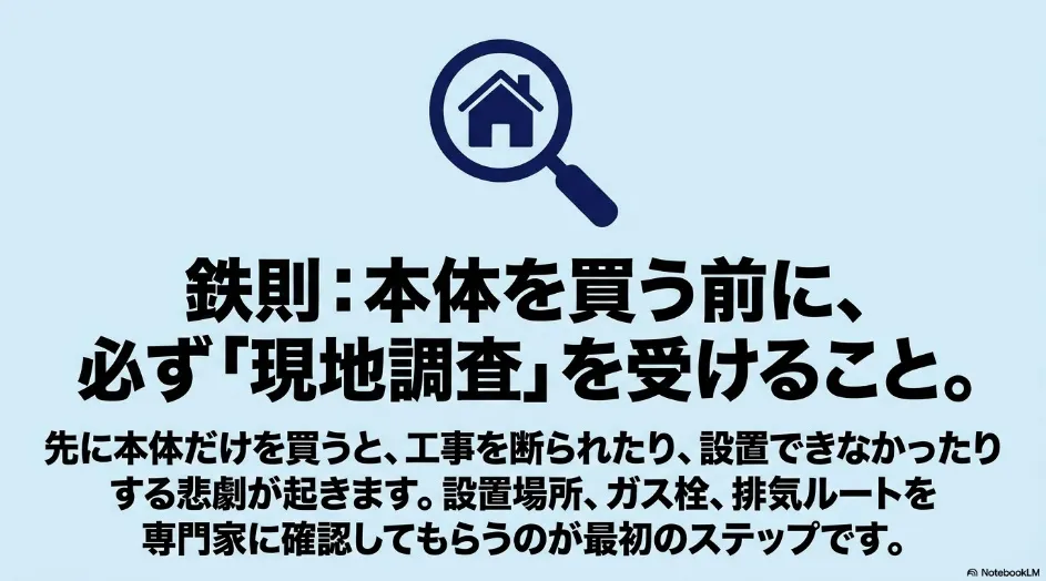 乾太くん本体を購入する前に現地調査を受け、設置場所、ガス栓、排湿ルートを確認する必要性を示した図